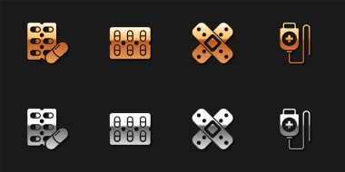 Hapları su toplayan paketlere, çapraz bandaj bandına ve serum torbasının ikonuna koyun. Vektör.