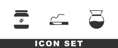 Kahve kavanozu şişesi, sigara ve kahve makinesi ikonu hazırla. Vektör.