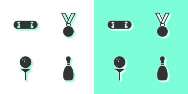 Bowling pimi, kaykay numarası, golf topu ve madalya ikonu. Vektör.