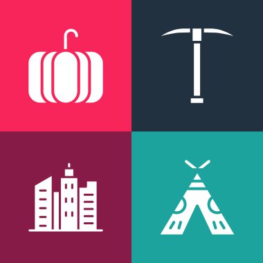 Pop Art Indian kızılderili çadırı ya da wigwam, şehir manzarası, Kazma ve Balkabağı ikonunu ayarla. Vektör.