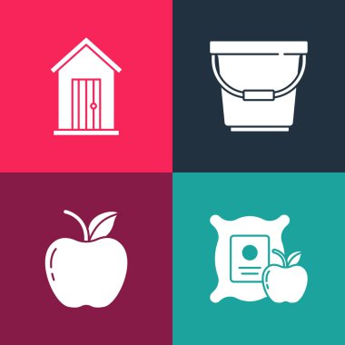 Popüler Apple 'ı çuvala koy, Bucket ve Farm House ikonu. Vektör.