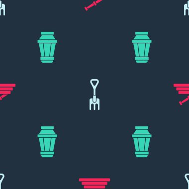 Bahçe hortumunu ya da yangın hortumunu, tırmığı ve lambayı dikişsiz desene ayarlayın. Vektör.