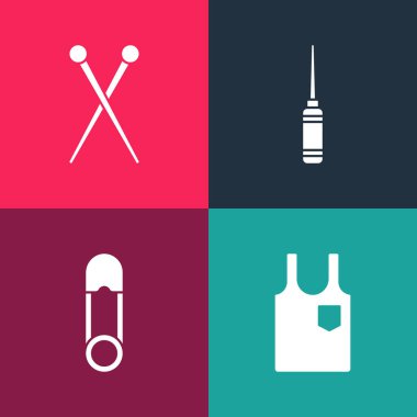 Pop sanatının kolsuz tişörtünü, emniyet iğnesini, Awl aletini ve örgü iğnesi ikonunu ayarla. Vektör.