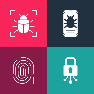 Pop sanat siber güvenliğini, parmak izini, sistem hatasını mobil ve simgeye ayarla. Vektör.