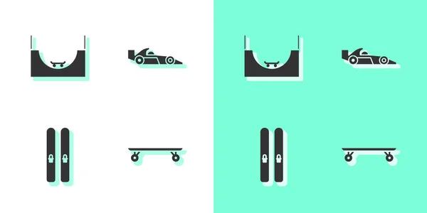 Set Longboard Monopatín Skate Park Ski Sticks Fórmula Icono Del — Vector de stock