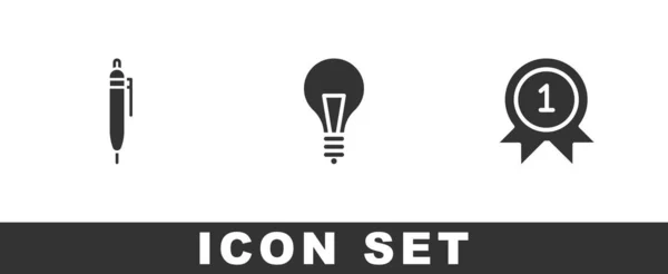 Set Pen Gloeilamp Met Concept Van Idee Medaille Icoon Vector — Stockvector