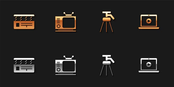 Установите Movie Clapper Retro Tripod Онлайн Воспроизведите Иконку Видео Вектор — стоковый вектор