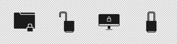 Définir Dossier Verrouillage Ouvrir Cadenas Verrouiller Moniteur Icône Ordinateur Vecteur — Image vectorielle