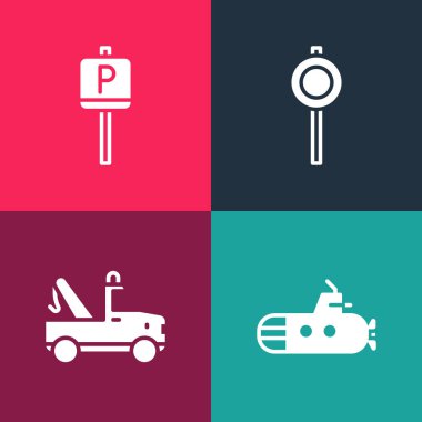 Pop Art Submarine, çekici, trafik levhası ve park ikonu ayarlayın. Vektör.