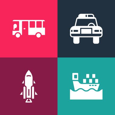 Pop sanat kargo gemisini kutularla, roket ateşiyle, polis arabasıyla, teşhirciyle ve otobüs ikonuyla ayarlayın. Vektör.