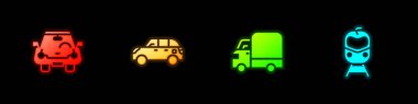 Araba, Hatchback arabası, kargo kamyonu, tren ve tren ikonu ayarlayın. Vektör.