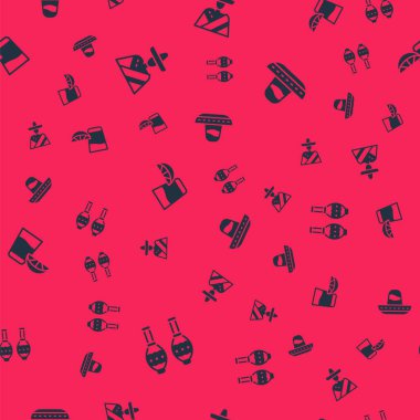 Maracas, Meksikalı sombrero, limonlu tekila bardağı ve kusursuz desenli. Vektör.