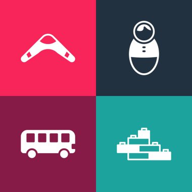 Pop sanat oyuncakları yapı taşı tuğlaları, otobüs oyuncakları, Tumbler bebeği ve bumerang simgesini ayarla. Vektör.