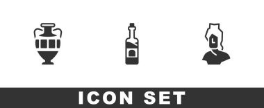 Kadim amforalar, bir şişe şarap ve büst heykel ikonu. Vektör.