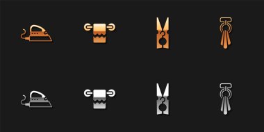 Elektrikli ütüyü kur, havluyu as, toka ve simgeyi tak. Vektör.