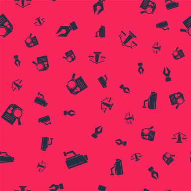 Güvenlik kamerası, dolmakalem ucu, kağıt analizi büyütme ve adaletin terazisini kusursuz şekilde ayarla. Vektör.