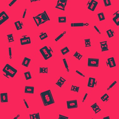 Hukuk kitabını, eski kum saatini, konum kanununu ve pürüzsüz desenli dolmakalem ucunu ayarla. Vektör.