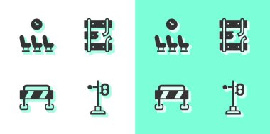 Tren trafik ışığını, bekleme odasını, bariyeri ve demiryolu ikonundaki kırık rayları ayarlayın. Vektör.