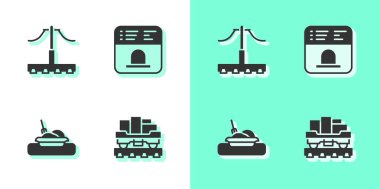 Bilet ikonu almak için kargo vagonu, tren yolu, tabak ve bilet ofisi ayarlayın. Vektör.