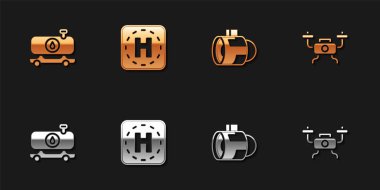 Yakıt tankeri, helikopter iniş pisti, jet motoru türbini ve İHA uçan ikonu ayarlayın. Vektör.