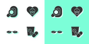 İlaç hapı ya da tablet, işitme cihazı, gözlük ve büyükanne ikonu hazırla. Vektör.