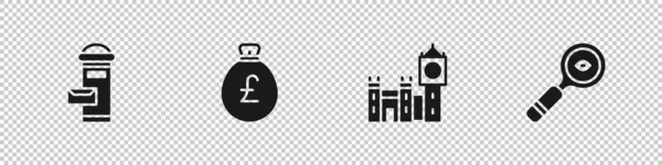 Londra posta kutusunu, yarım kiloluk para çantasını Big Ben kulesini ve büyüteç simgesini ayarla. Vektör.