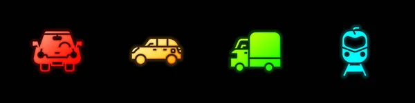 Set Auto Hatchback Auto Levering Vrachtwagen Trein Spoorwegpictogram Vector — Stockvector