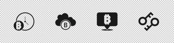 クロック 暗号化クラウドマイニング およびキーアイコンでBitcoinを設定します ベクトル — ストックベクタ