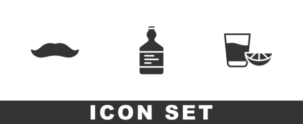 Set Mustache Tequila Bottle Glass Lemon Icon Vector — Stock Vector