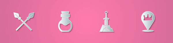 Набор бумаги разрезать перекрещенные средневековые копья, яд в бутылке, меч камень и корону местонахождения икона. Бумажный стиль. Вектор.