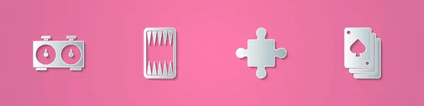 Set Paper Cut Horloge Échecs Temporelle Plateau Backgammon Pièces Puzzle — Image vectorielle