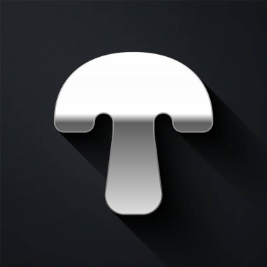 Siyah arkaplanda izole edilmiş gümüş mantar ikonu. Uzun gölge tarzı. Vektör.