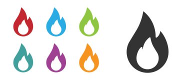 Siyah Ateş alev simgesi beyaz arkaplanda izole edildi. Simgeleri renklendirin. Vektör.