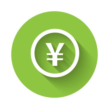 Beyaz Çin Yuan para birimi sembolü uzun gölgeli izole edilmiş. Bozuk para. Bankacılık işareti. Para sembolü. Yeşil daire düğmesi. Vektör.
