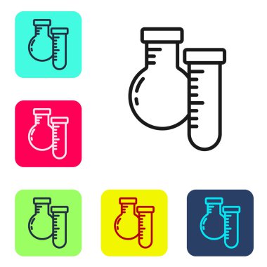 Siyah çizgi test tüpü ve beyaz arka planda izole edilmiş kimyasal test ikonu. Laboratuvar cam levhası. Renkli kare düğmelerle simgeleri ayarla. Vektör.