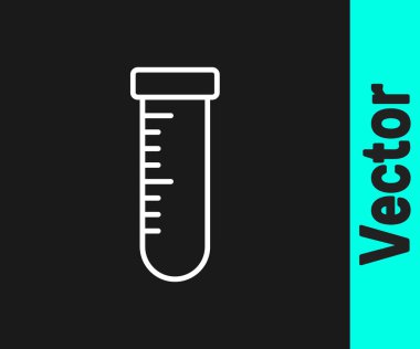 Beyaz çizgi test tüpü ve siyah arkaplanda izole edilmiş kimyasal test ikonu. Laboratuvar cam levhası. Vektör.