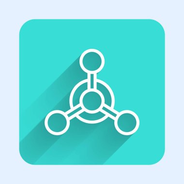 Beyaz çizgi Molekül simgesi uzun gölgeli izole edilmiş. Kimya moleküllerinin yapısı, fen öğretmenlerinin yenilikçi eğitim posteri. Yeşil kare düğmesi. Vektör.