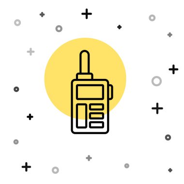 Beyaz arkaplanda siyah çizgi telsiz ikonu izole edildi. Taşınabilir radyo vericisi simgesi. Radyo alıcı-vericisi işareti. Rastgele dinamik şekiller. Vektör.