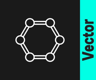 Beyaz çizgi Molekül simgesi siyah arkaplanda izole edildi. Kimya moleküllerinin yapısı, fen öğretmenlerinin yenilikçi eğitim posteri. Vektör.