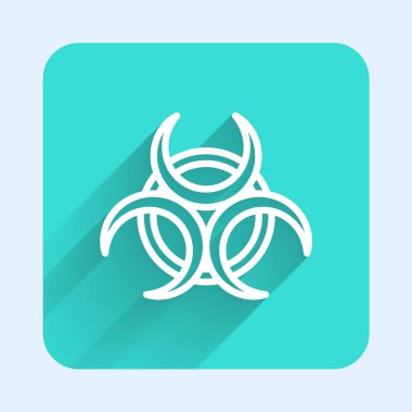 Beyaz çizgi Biyolojik Tehlike sembolü uzun gölgeli izole edilmiş. Yeşil kare düğmesi. Vektör.