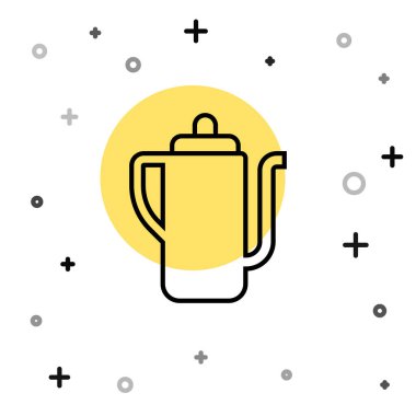 Siyah çizgi geleneksel Çin çay töreni ikonu beyaz arka planda izole edilmiş. Fincanlı çaydanlık. Rastgele dinamik şekiller. Vektör.