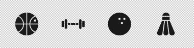 Basketbol topu, Dumbbell, Bowling ve Badminton top ikonu. Vektör.