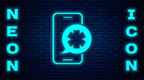 Glowing Neon Emergency Phone Call Hospital Icon Brick Wall Background — 스톡 벡터
