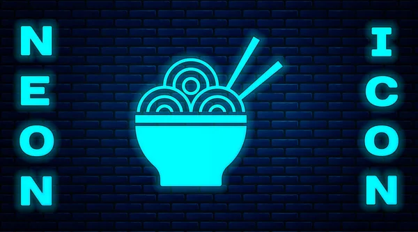 Fideos Asiáticos Neón Brillante Tazón Palillos Icono Aislado Fondo Pared — Vector de stock