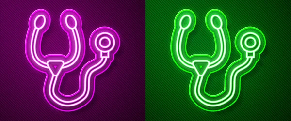 Ragyogó Neon Vonal Sztetoszkóp Orvosi Eszköz Ikon Elszigetelt Lila Zöld — Stock Vector