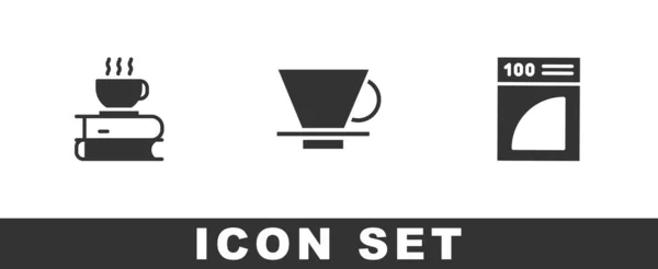 Set Kaffeetasse Und Buch V60 Kaffeemaschine Und Papierfiltersymbol Vektor — Stockvektor
