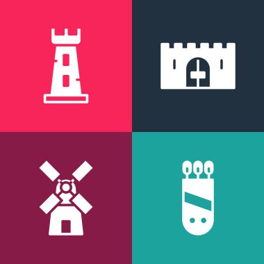 Ok, yel değirmeni, ortaçağ kale kapısı ve kale kulesi ikonu ile pop sanatını titret. Vektör.