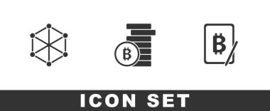 Blockchain teknolojisini, Bitcoin ve Madencilik bitcoin 'ini tablet simgesinden ayarla. Vektör.