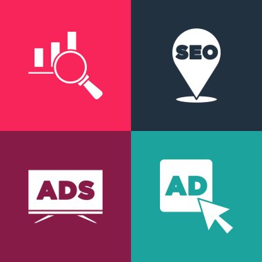 Pop sanat reklamcılığını, SEO optimizasyonunu, büyüteç ve analiz simgesini ayarlayın. Vektör.