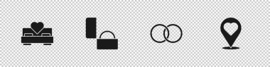 Yatak odası, elmas nişan yüzüğü, alyans ve kalp ikonlu konum. Vektör.